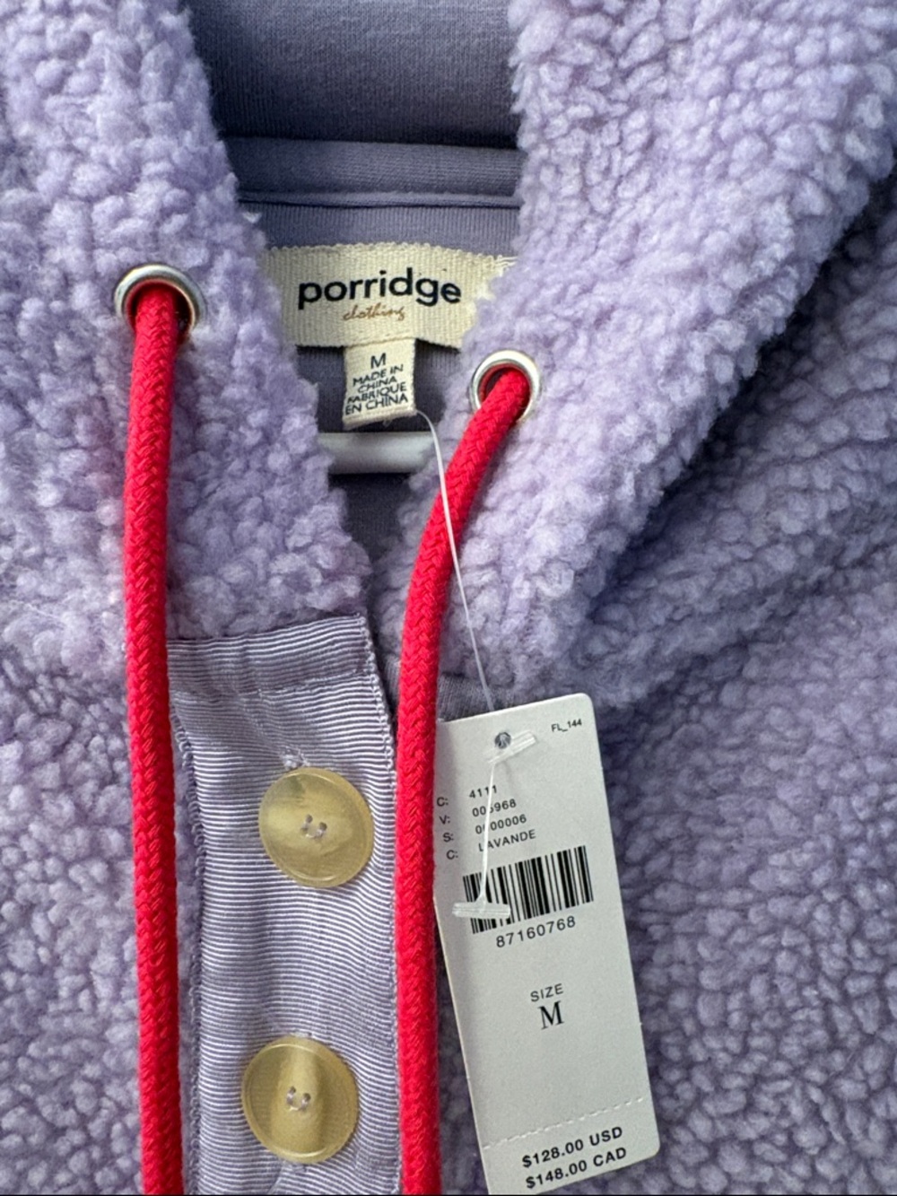 NWT Porridge Anthropologie Sherpa Hoodie Lavender Red Drawcords - Picture 3 of 6
